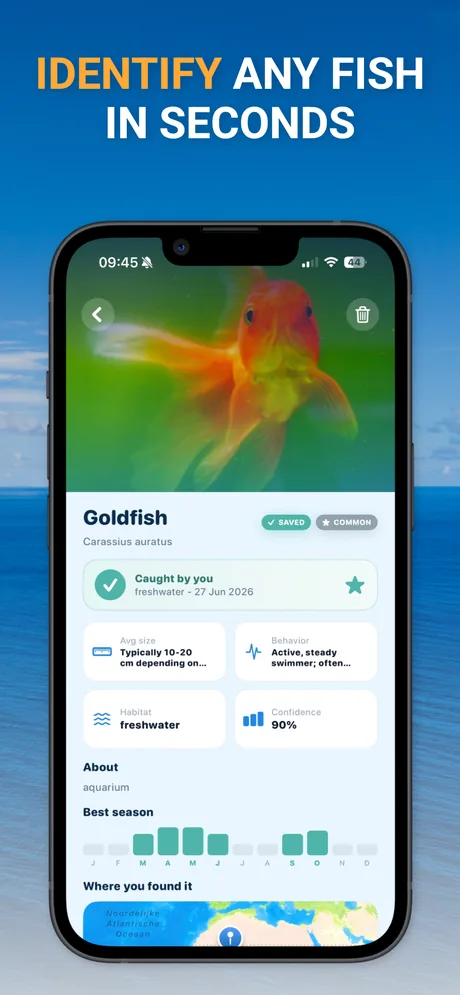 Fish identification app result screen showing species name, habitat, size, and best season