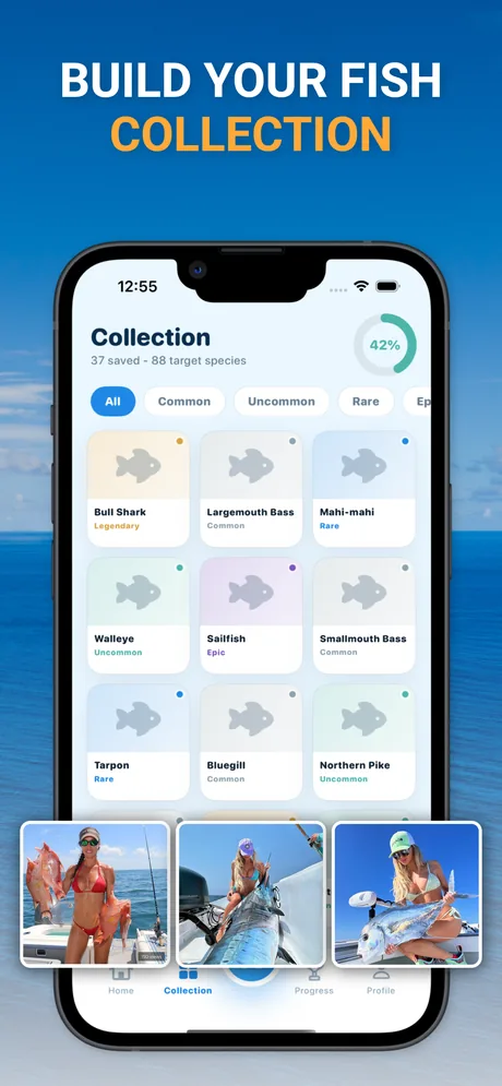 Fish identification app collection screen with saved species